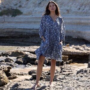 NEW TALISMAN Wisteria A-Line V-Neck 3/4 Sleeve Moon River Print Dress Size S/M